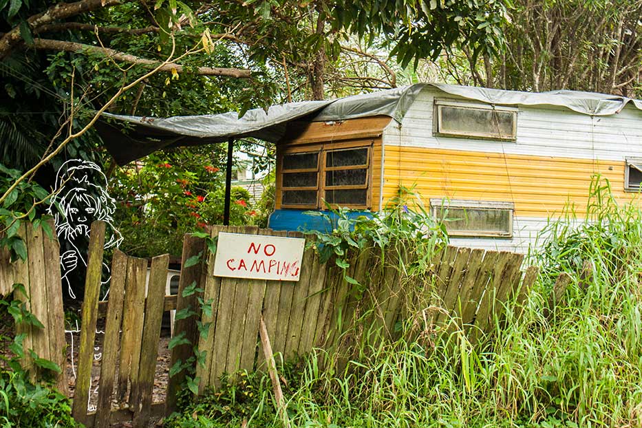 Photo of a dilapidated green back yard and yellow camper van, drawing of a shy girl behind the fence