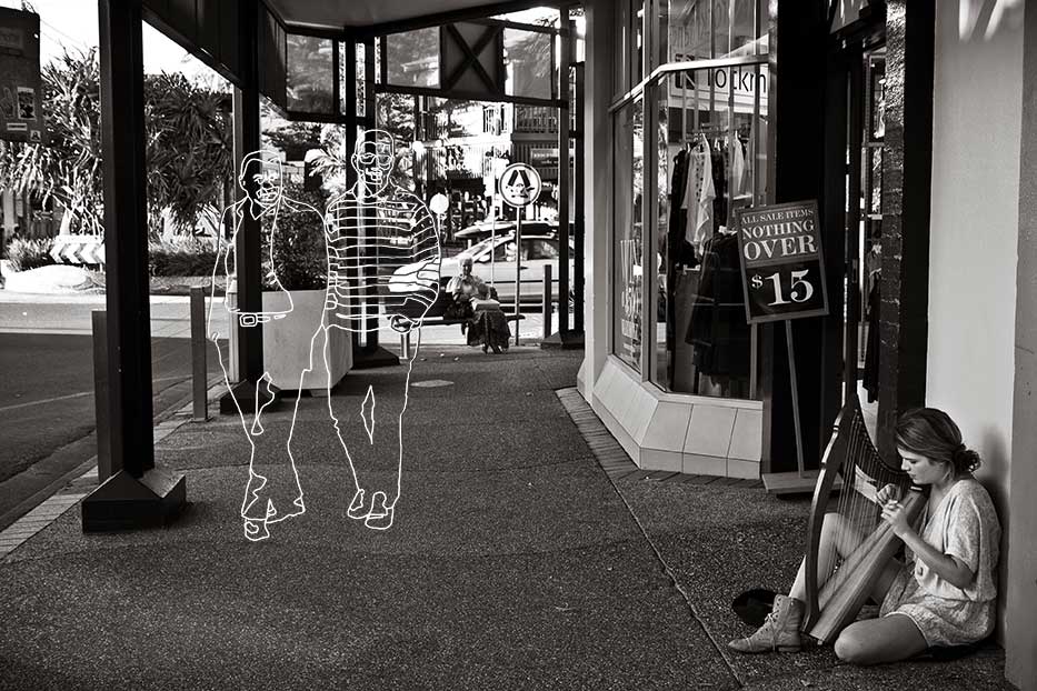 Photo of a girl playing the harp in Byron Bay drawing of two men waling by looking at her