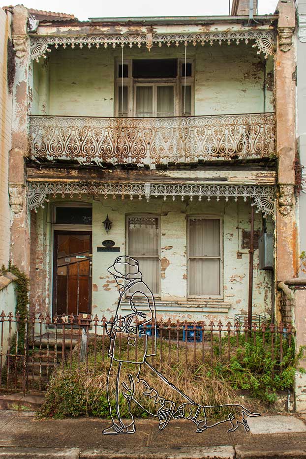 Old pale green terrace house in Newtown, Sydney with a drawing of older person walking a sausage dog by contemporary artist Anastasia Parmson