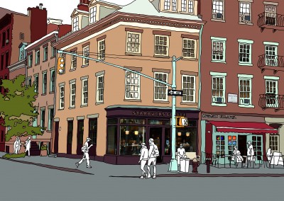 Drawing of a street corner in New York's West Village by Anastasia Parmson