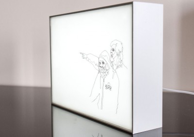 Light Box drawing as seen from the side: Drawing by Anastasia Parmson depicting herself and Sea Shepherd captain Paul Watson looking into the distance
