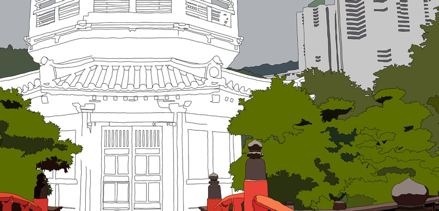 Line drawing of a palace in Hong Kong surrounded by lush greenery, red bridge by Estonian contemporary artist Anastasia Parmson