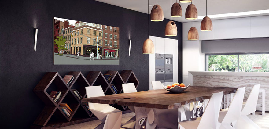 Anastasia Parmsons' West Village Scene artwork hanging in ultra modern rustic dining room