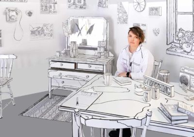 Anastasia Parmson visual artist sitting in her drawing installation room
